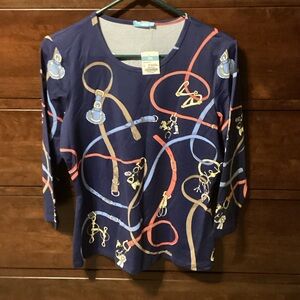 Stylish Equestrian Print Long Sleeve Top - Navy